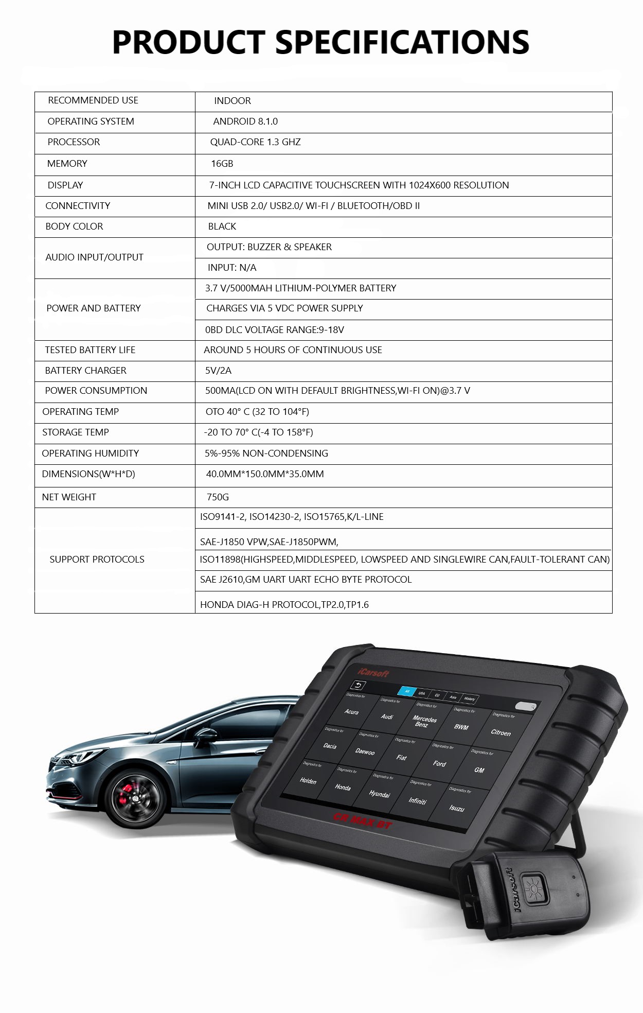 Outil De Diagnostic Auto ICarsoft CR Max BT - Sans Fil Bluetooth, Multimarques, Neuf